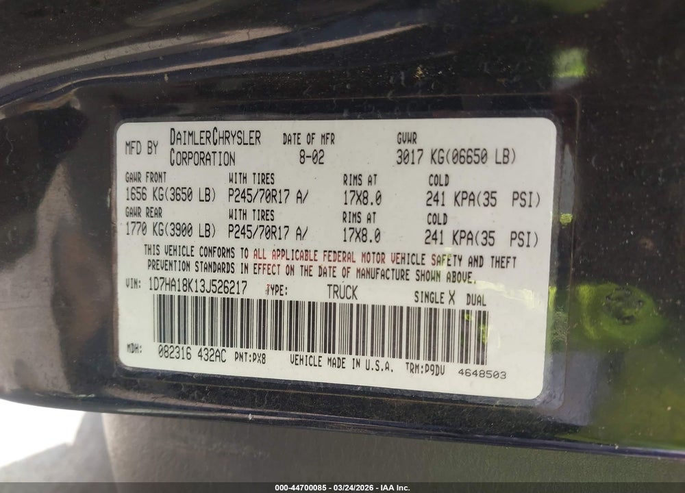 2003 DODGE RAM 1500 ST VIN: 1D7HA18K13J526217