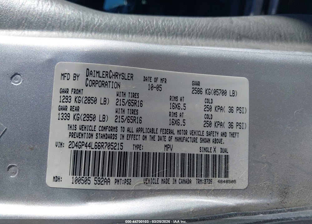 2006 DODGE GRAND CARAVAN SXT VIN: 2D4GP44L66R705215