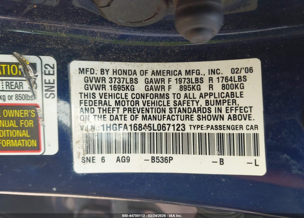 2006 HONDA CIVIC EX VIN: 1HGFA16846L067123