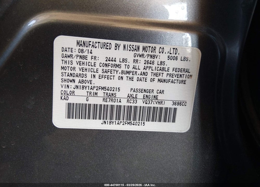 2015 INFINITI Q70 3.7 VIN: JN1BY1AP2FM540215