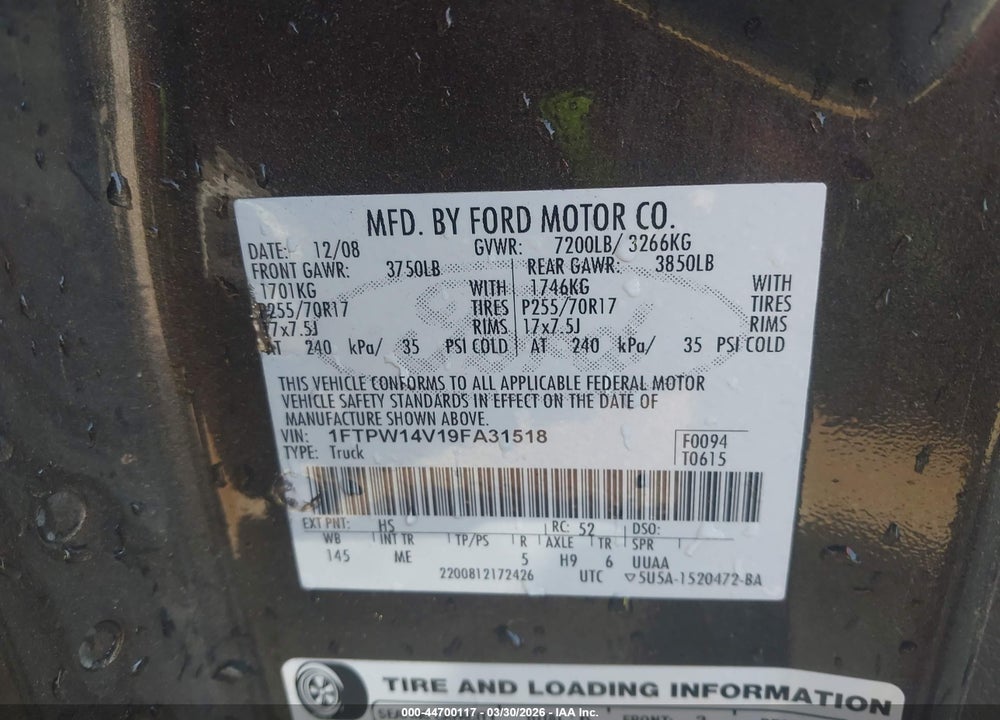 2009 FORD F-150 FX4/KING RANCH/LARIAT/PLATINUM/XL/XLT VIN: 1FTPW14V19FA31518