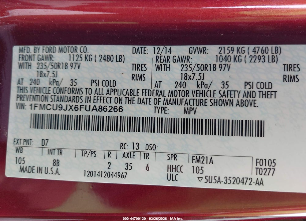 2015 FORD ESCAPE TIT VIN: 1FMCU9JX6FUA86266