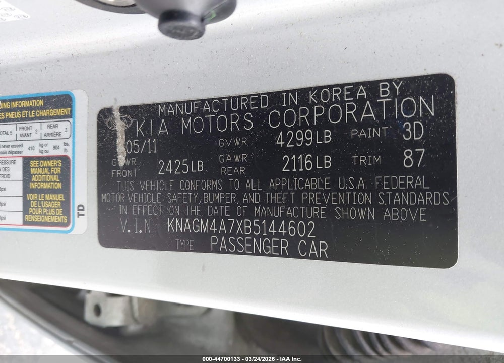 2011 KIA OPTIMA LX VIN: KNAGM4A7XB5144602