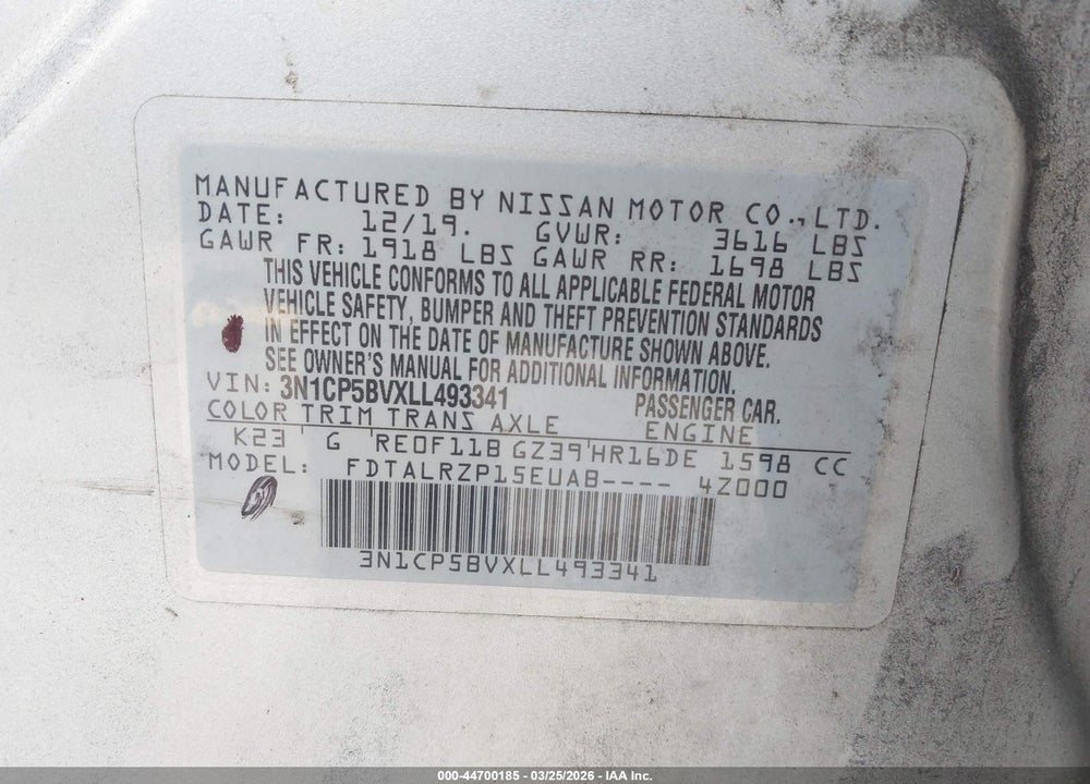 2020 NISSAN KICKS S XTRONIC CVT VIN: 3N1CP5BVXLL493341