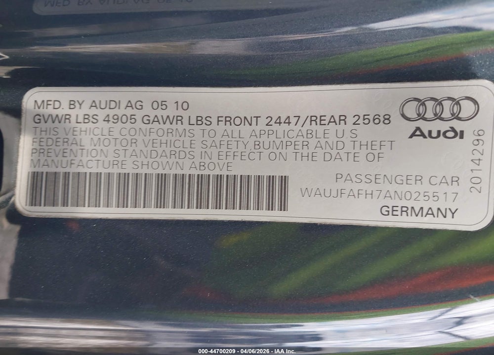 2010 AUDI A5 2.0T PREMIUM VIN: WAUJFAFH7AN025517