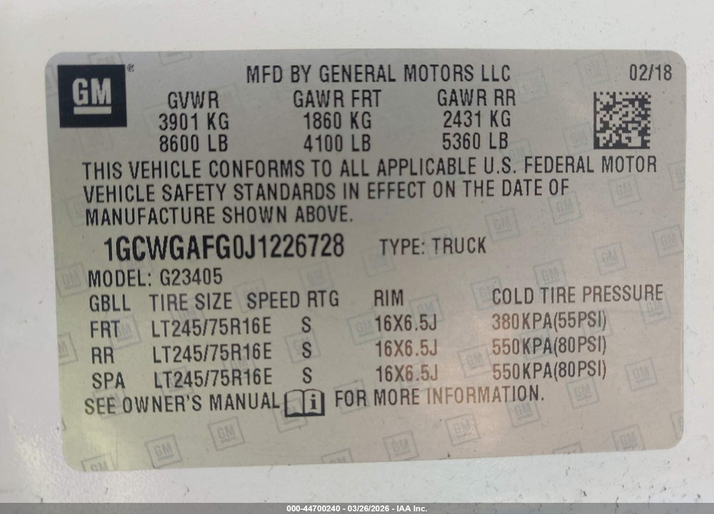 2018 CHEVROLET EXPRESS 2500 WORK VAN VIN: 1GCWGAFG0J1226728