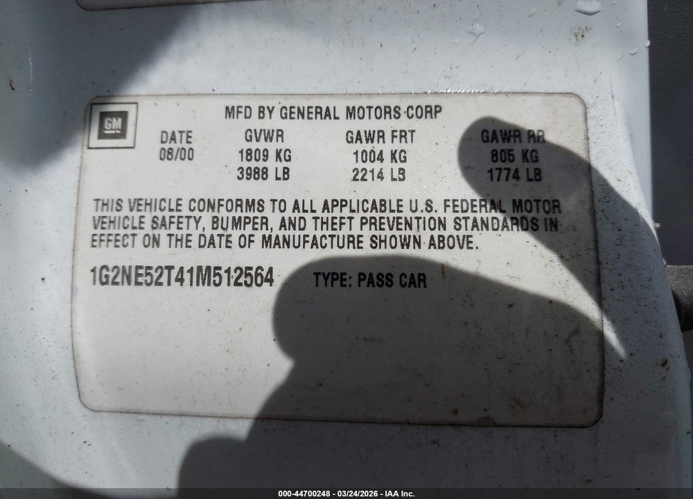 2001 PONTIAC GRAND AM SE VIN: 1G2NE52T41M512564