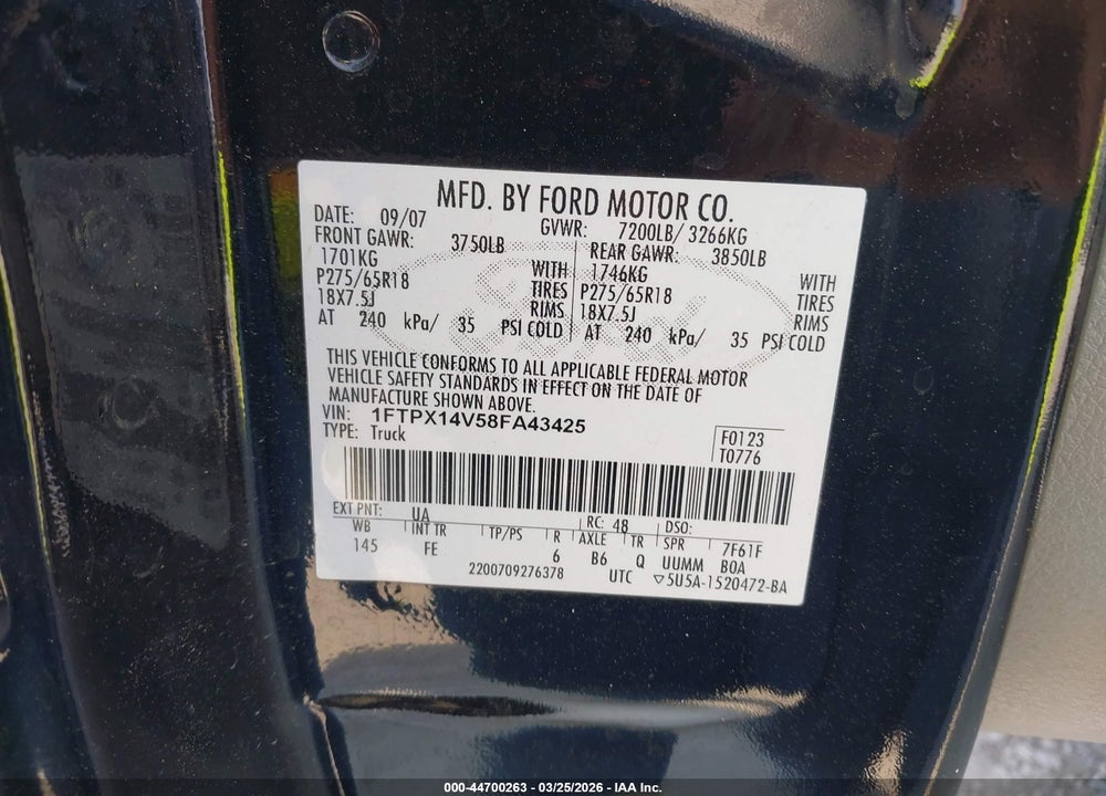 2008 FORD F-150 VIN: 1FTPX14V58FA43425