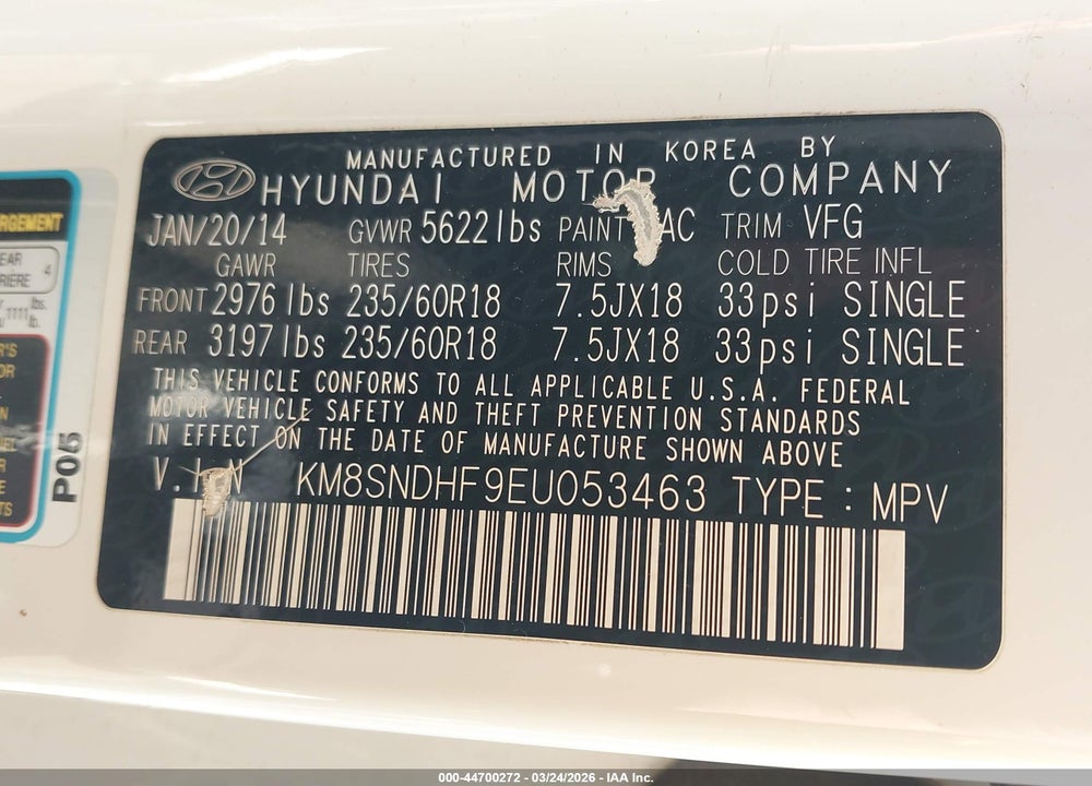 2014 HYUNDAI SANTA FE LIMITED VIN: KM8SNDHF9EU053463