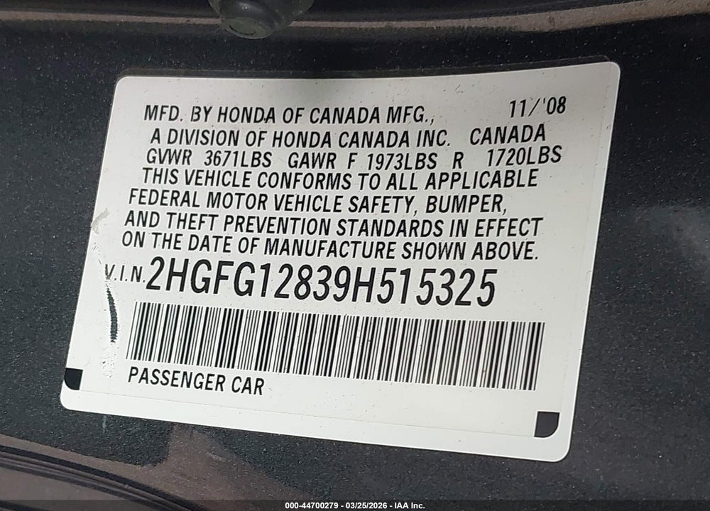 2009 HONDA CIVIC EX VIN: 2HGFG12839H515325