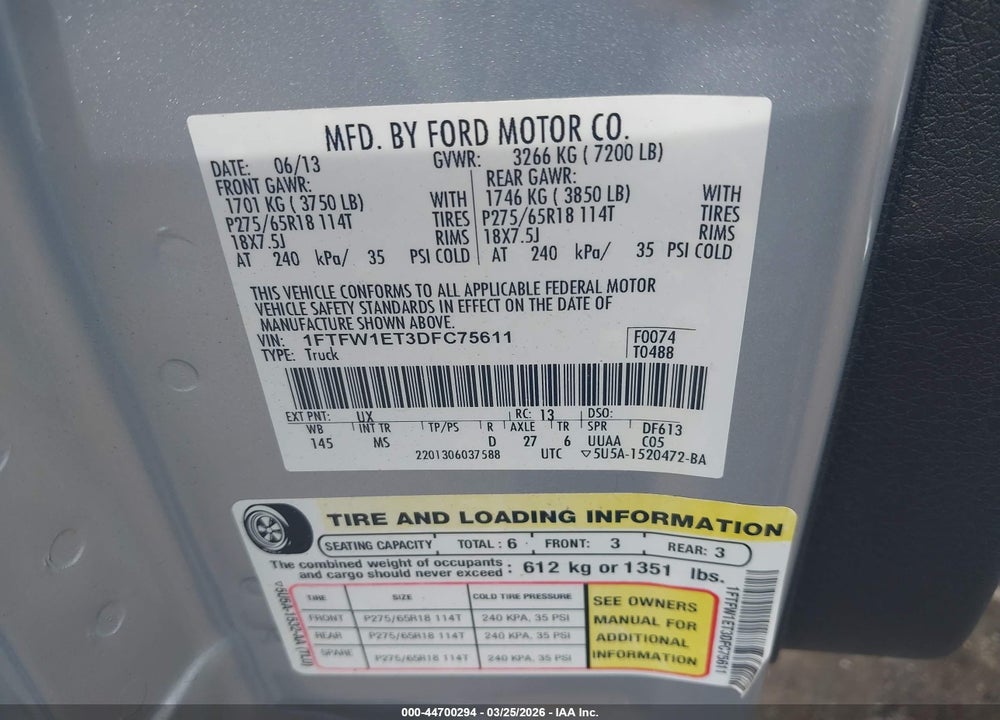 2013 FORD F-150 XLT VIN: 1FTFW1ET3DFC75611