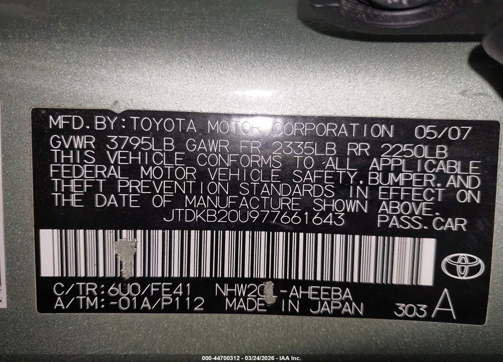 2007 TOYOTA PRIUS VIN: JTDKB20U977661643