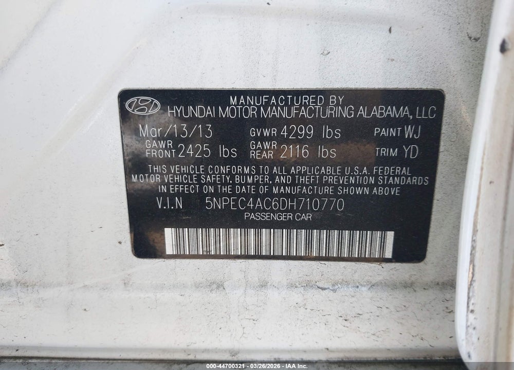 2013 HYUNDAI SONATA LIMITED VIN: 5NPEC4AC6DH710770