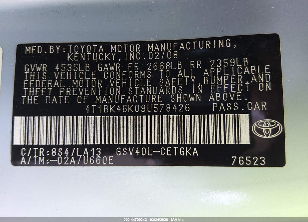 2009 TOYOTA CAMRY XLE V6 VIN: 4T1BK46K09U578426