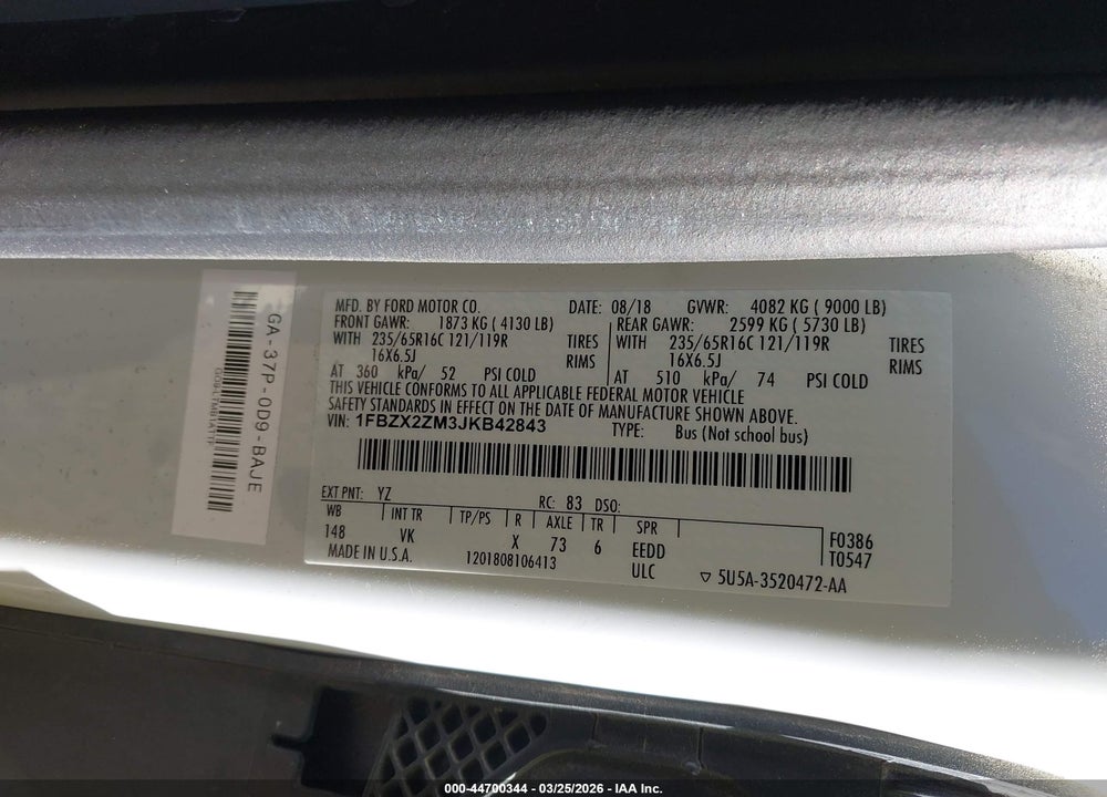 2018 FORD TRANSIT-350 XL VIN: 1FBZX2ZM3JKB42843