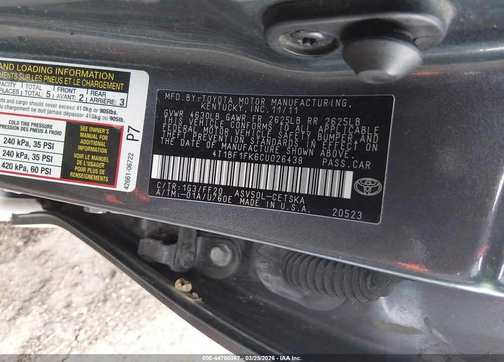 2012 TOYOTA CAMRY SE VIN: 4T1BF1FK6CU026438