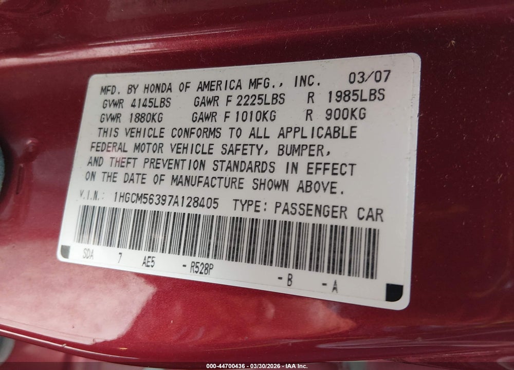 2007 HONDA ACCORD 2.4 SE VIN: 1HGCM56397A128405