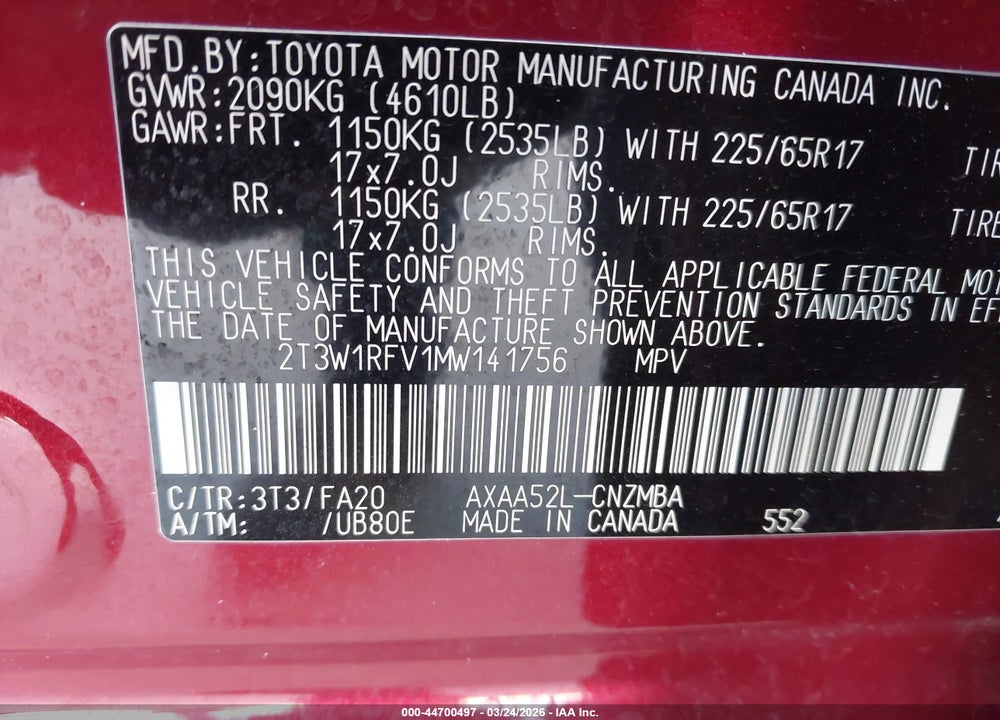 2021 TOYOTA RAV4 XLE VIN: 2T3W1RFV1MW141756