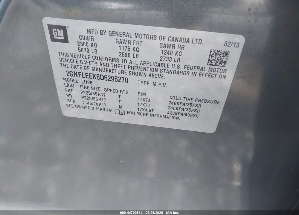 2013 CHEVROLET EQUINOX 1LT VIN: 2GNFLEEK8D6296270