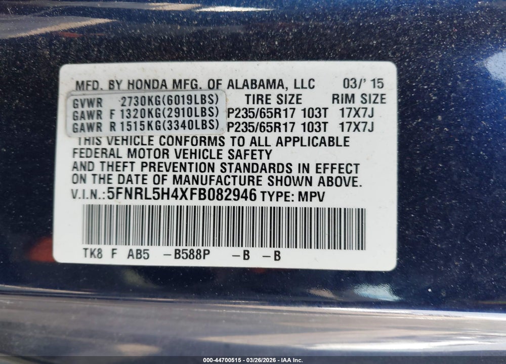 2015 HONDA ODYSSEY EX VIN: 5FNRL5H4XFB082946