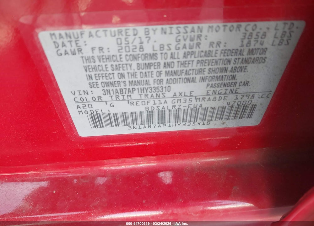 2017 NISSAN SENTRA SR VIN: 3N1AB7AP1HY335310