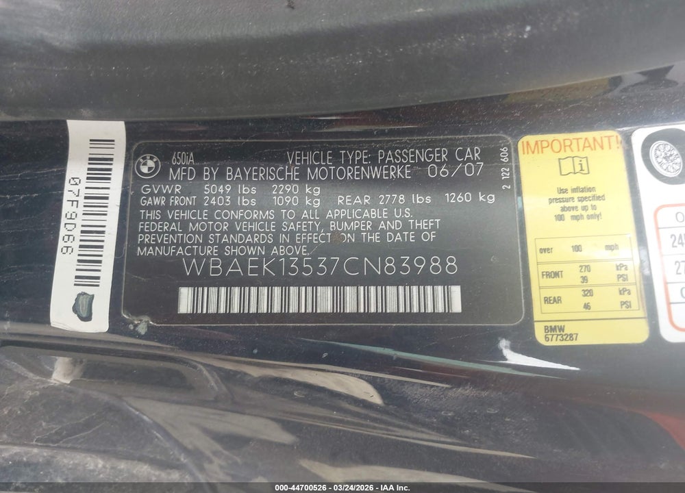 2007 BMW 650I VIN: WBAEK13537CN83988