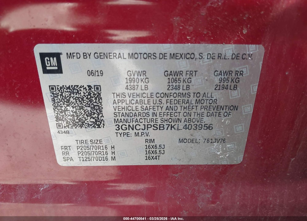 2019 CHEVROLET TRAX LT VIN: 3GNCJPSB7KL403956