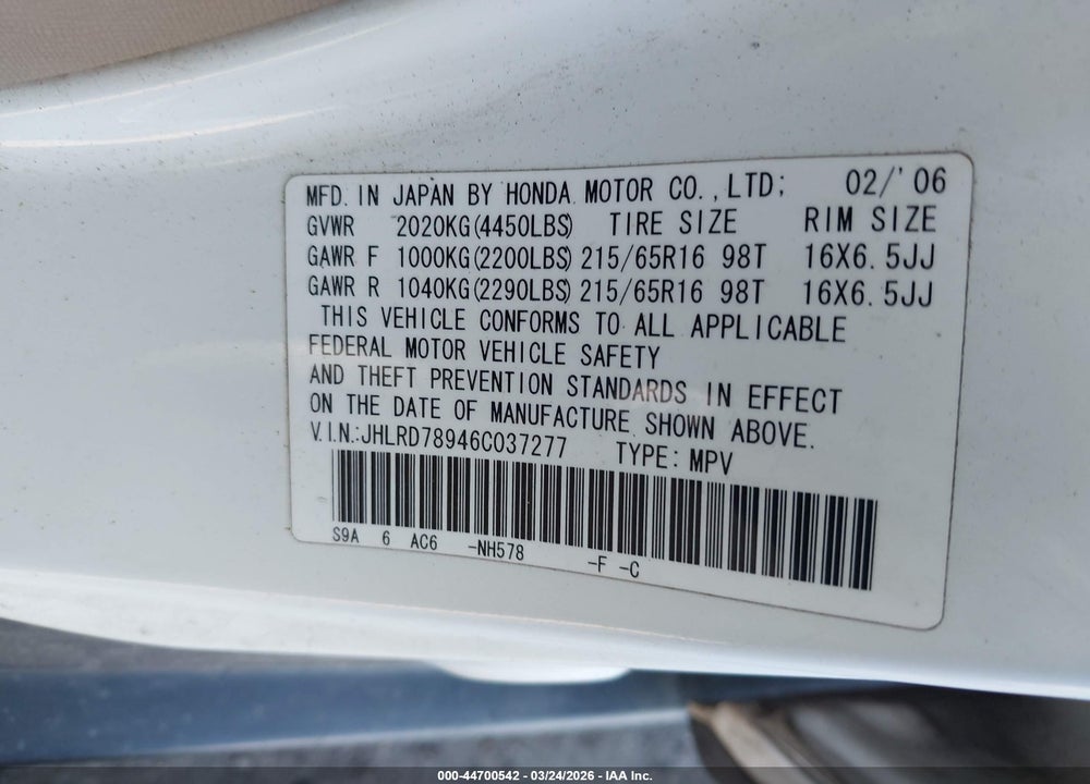 2006 HONDA CR-V SE VIN: JHLRD78946C037277