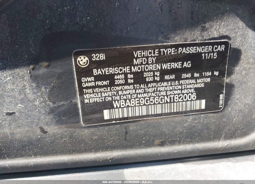 2016 BMW 328I VIN: WBA8E9G56GNT82006