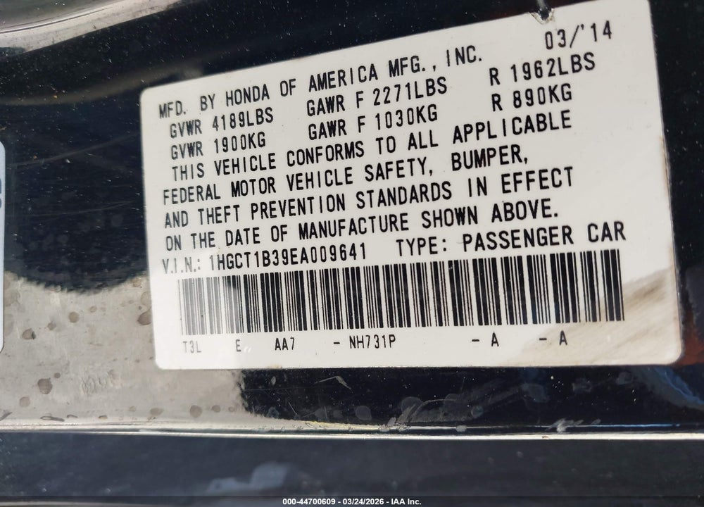 2014 HONDA ACCORD LX VIN: 1HGCT1B39EA009641