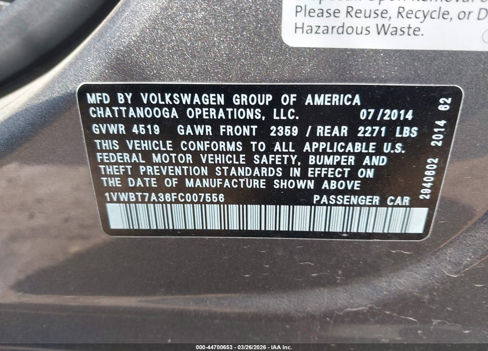 2015 VOLKSWAGEN PASSAT 1.8T SE VIN: 1VWBT7A36FC007556