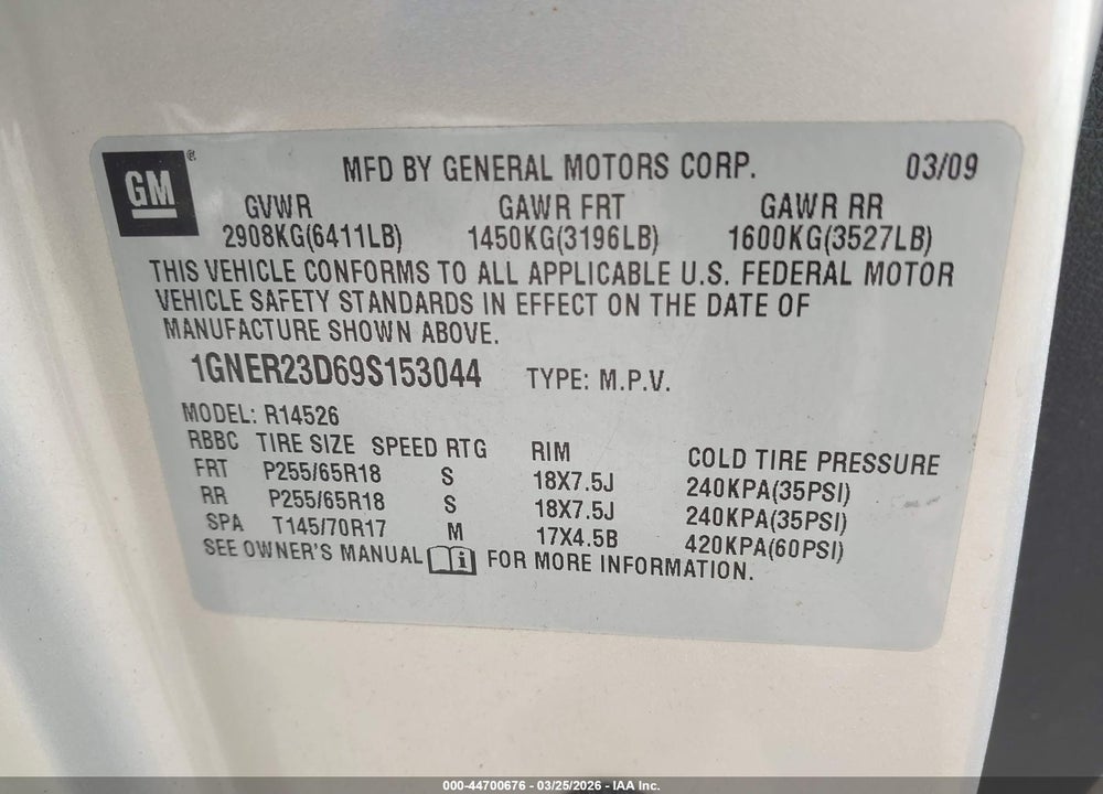 2009 CHEVROLET TRAVERSE LT VIN: 1GNER23D69S153044