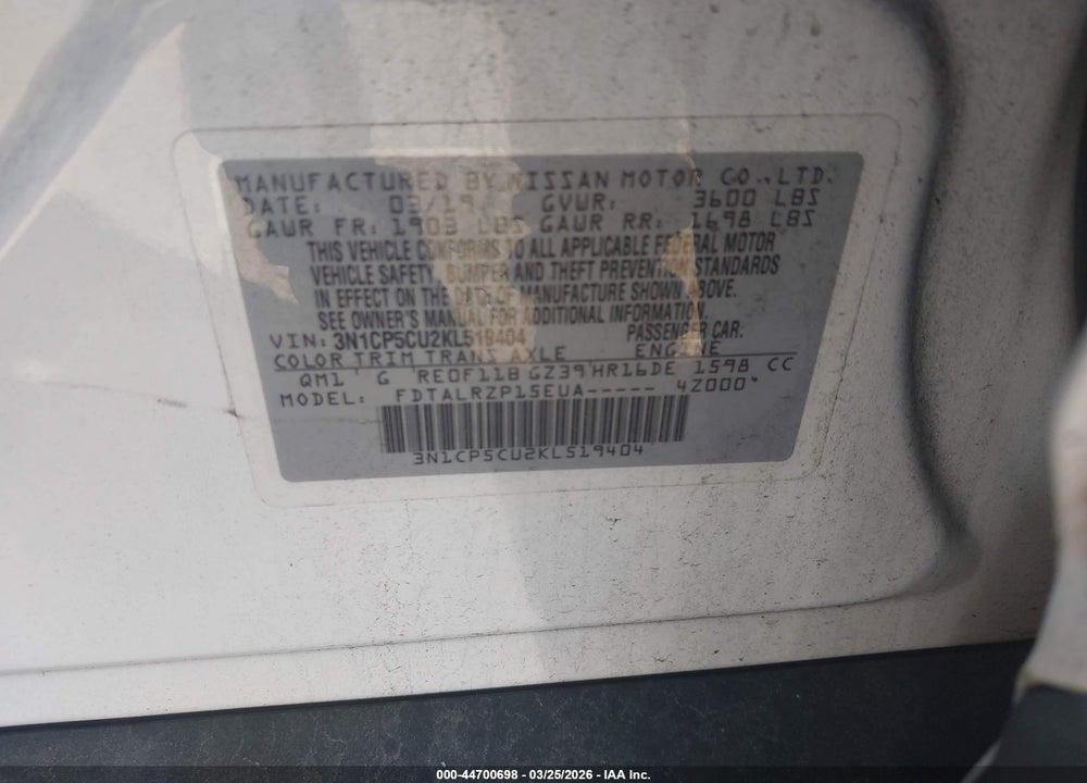 2019 NISSAN KICKS S VIN: 3N1CP5CU2KL519404