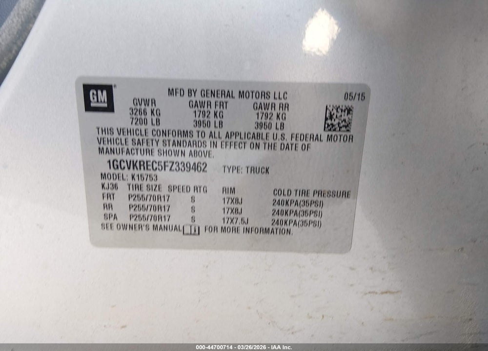 2015 CHEVROLET SILVERADO 1500 1LT VIN: 1GCVKREC5FZ339462
