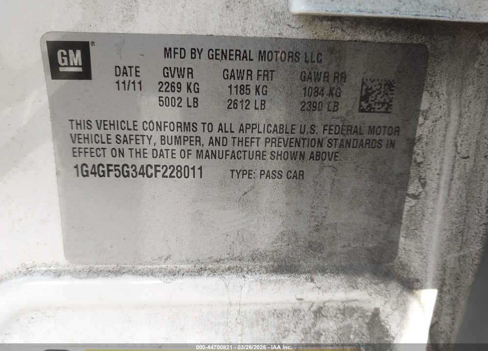 2012 BUICK LACROSSE PREMIUM 2 GROUP VIN: 1G4GF5G34CF228011