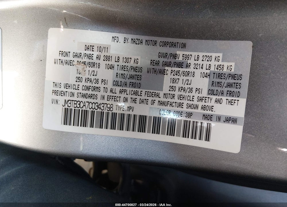 2012 MAZDA CX-9 TOURING VIN: JM3TB3CA7C0343798