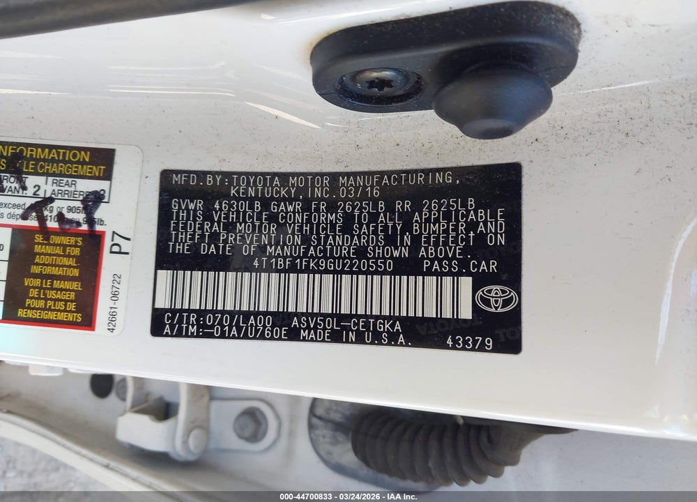 2016 TOYOTA CAMRY XLE VIN: 4T1BF1FK9GU220550
