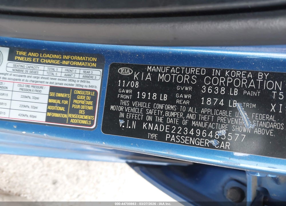2009 KIA RIO SX VIN: KNADE223496485577
