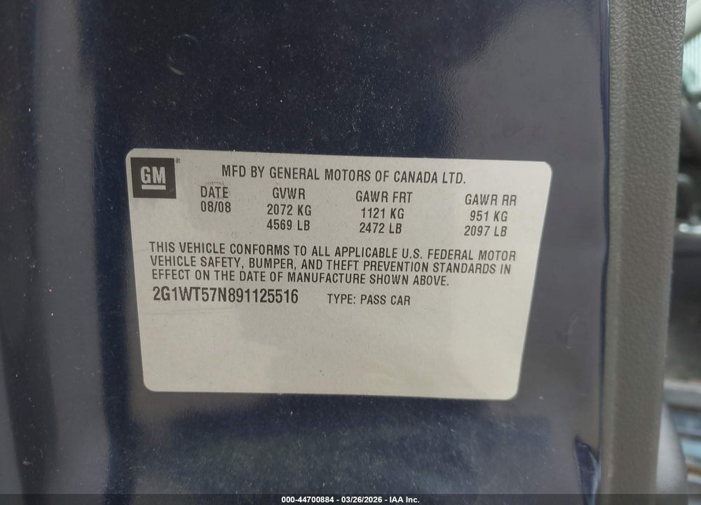 2009 CHEVROLET IMPALA LT VIN: 2G1WT57N891125516