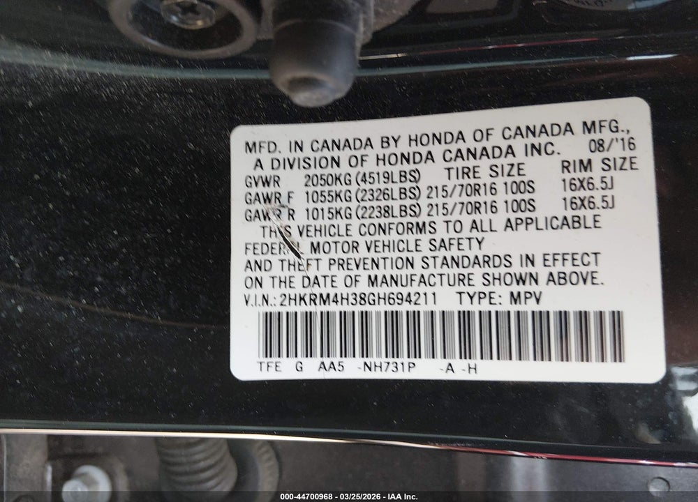 2016 HONDA CR-V LX VIN: 2HKRM4H38GH694211