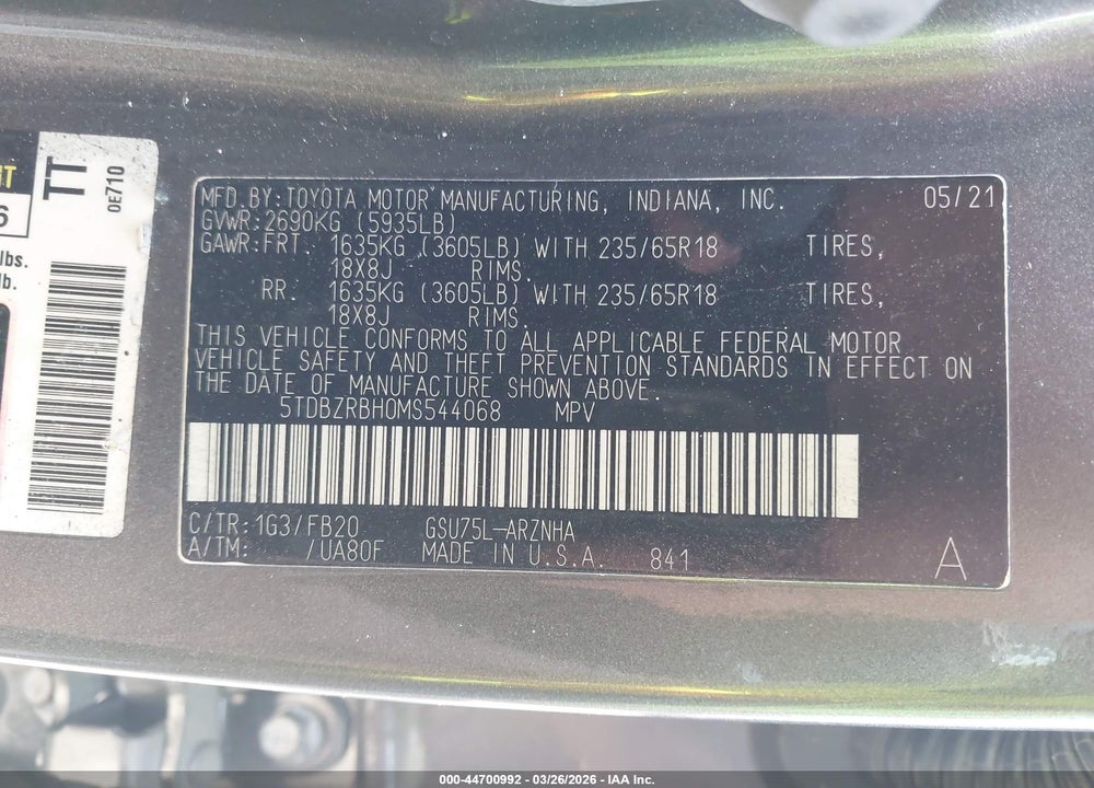 2021 TOYOTA HIGHLANDER LE VIN: 5TDBZRBH0MS544068
