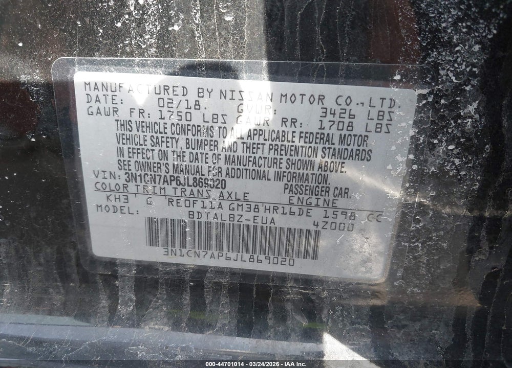 2018 NISSAN VERSA 1.6 SV VIN: 3N1CN7AP6JL869020
