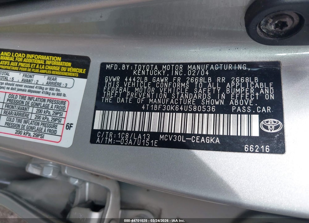 2004 TOYOTA CAMRY XLE V6 VIN: 4T1BF30K64U580536
