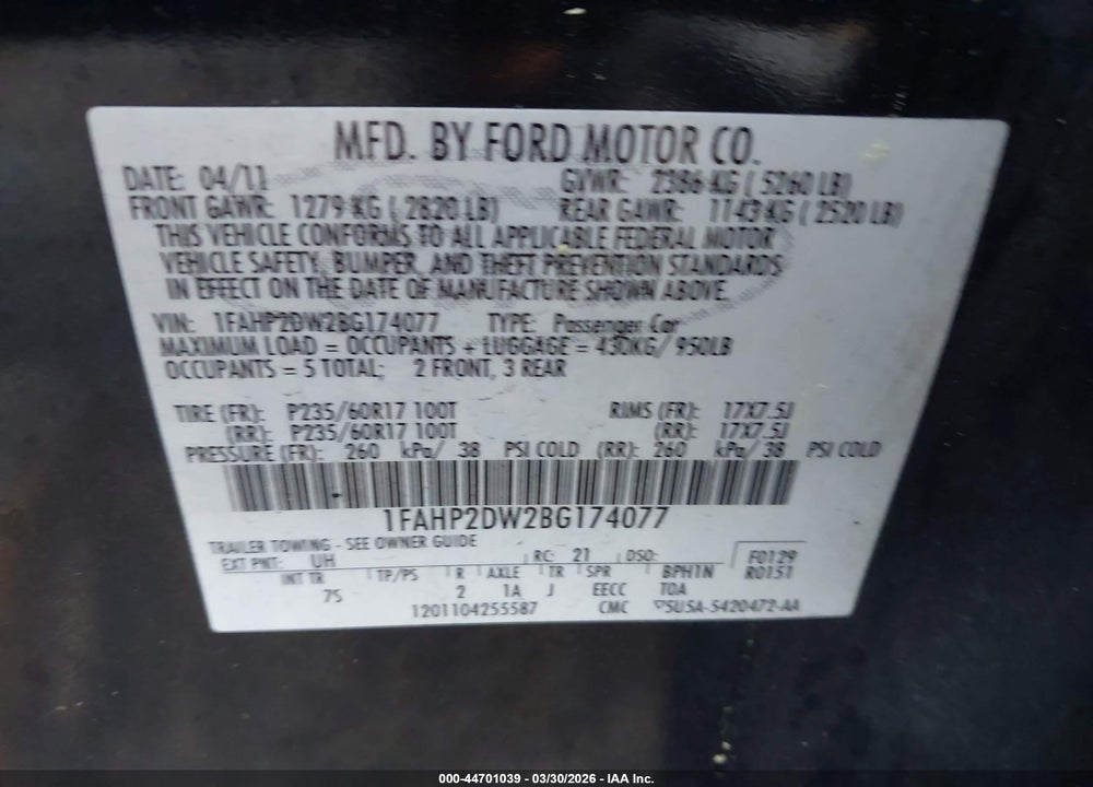 2011 FORD TAURUS SE VIN: 1FAHP2DW2BG174077