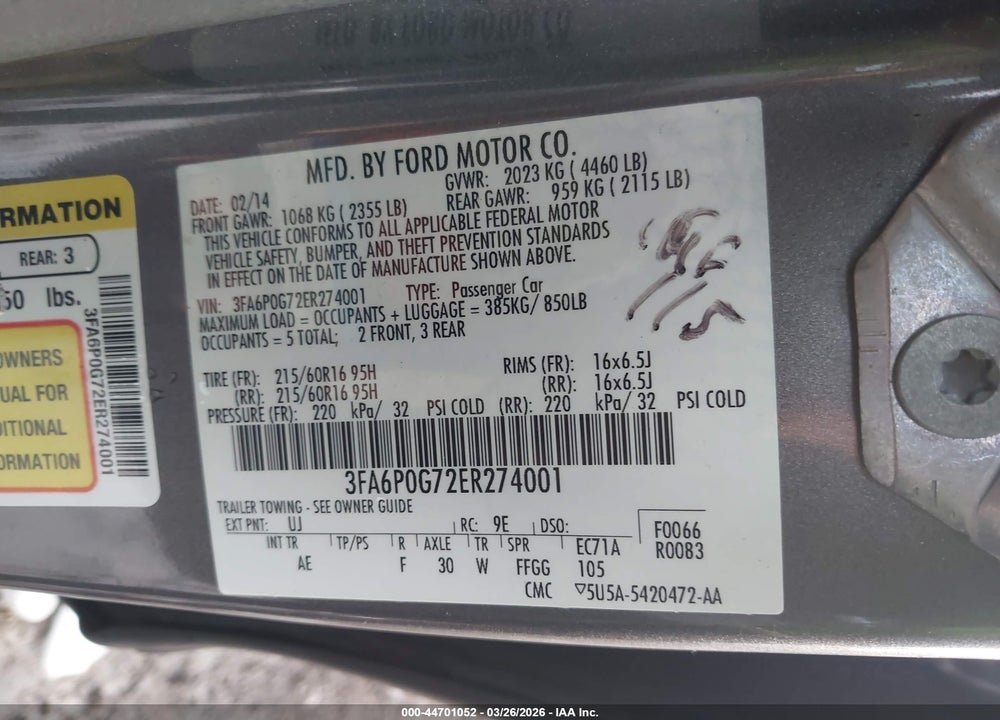 2014 FORD FUSION S VIN: 3FA6P0G72ER274001