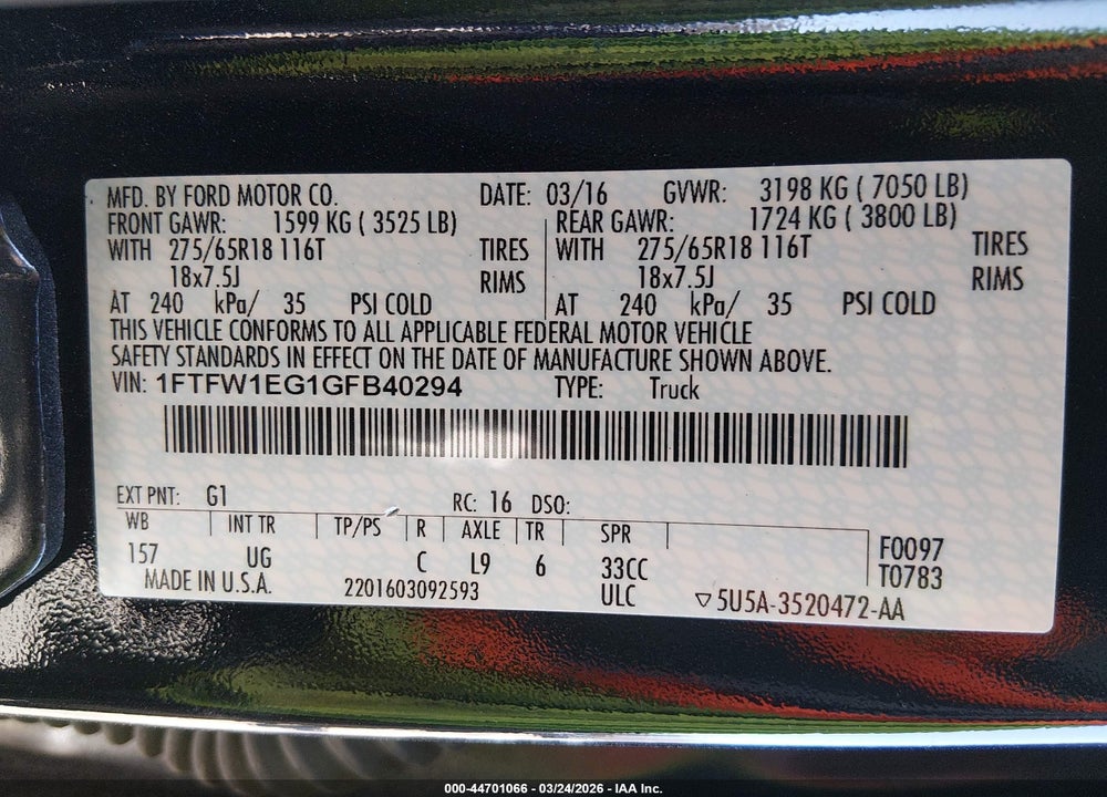 2016 FORD F-150 XLT VIN: 1FTFW1EG1GFB40294