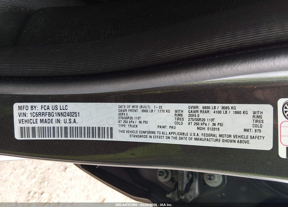 2022 RAM 1500 BIG HORN  4X4 6'4 BOX VIN: 1C6RRFBG1NN240251