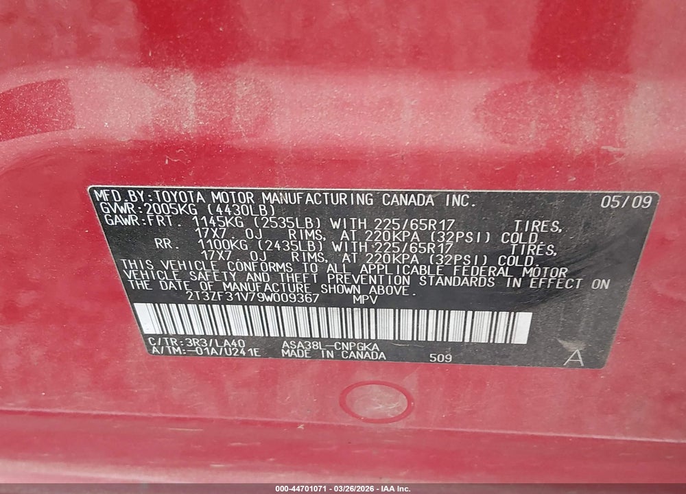 2009 TOYOTA RAV4 LIMITED VIN: 2T3ZF31V79W009367