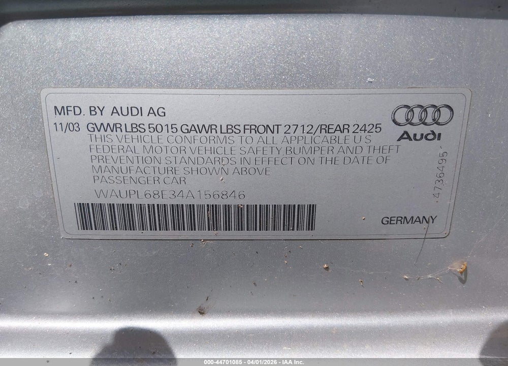2004 AUDI S4 4.2 VIN: WAUPL68E34A156846