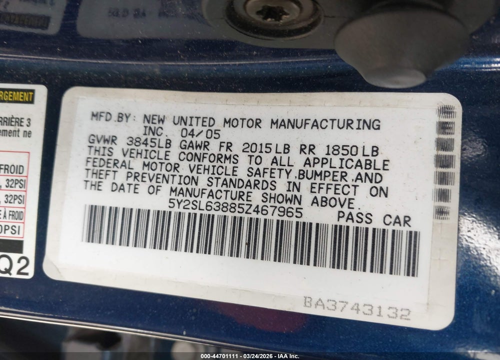 2005 PONTIAC VIBE VIN: 5Y2SL63885Z467965